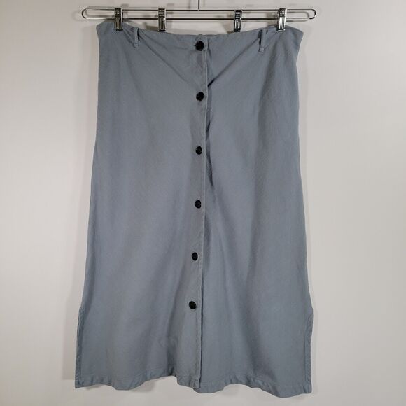 REVISITED Lima Skirt Blue One Size Midi Textured Organic Cotton Long Buttons - Picture 1 of 7